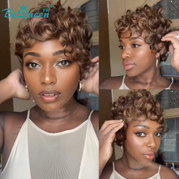 Bequeen Perruque “chioma” Pixie Marron mix miel curly 100% Cheveux humains