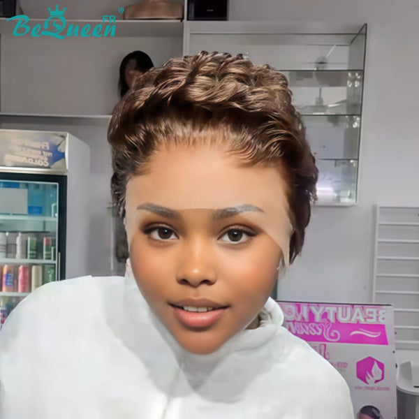 Peluca Bequeen "Chioma" Pixie negra rizada sin pegamento, lista para usar