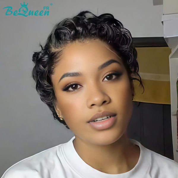 Bequeen Perruque “Chioma” Pixie noir curly à la machine ou lace frontale sans colle Prêt à porter