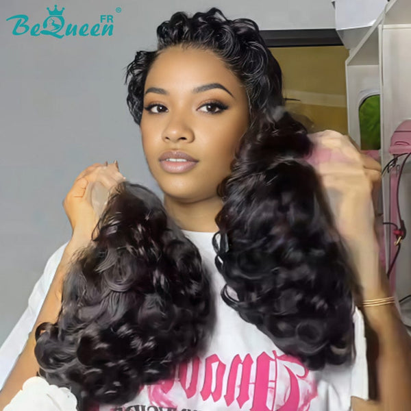 Bequeen Perruque “Chioma” Pixie noir curly à la machine ou lace frontale sans colle Prêt à porter