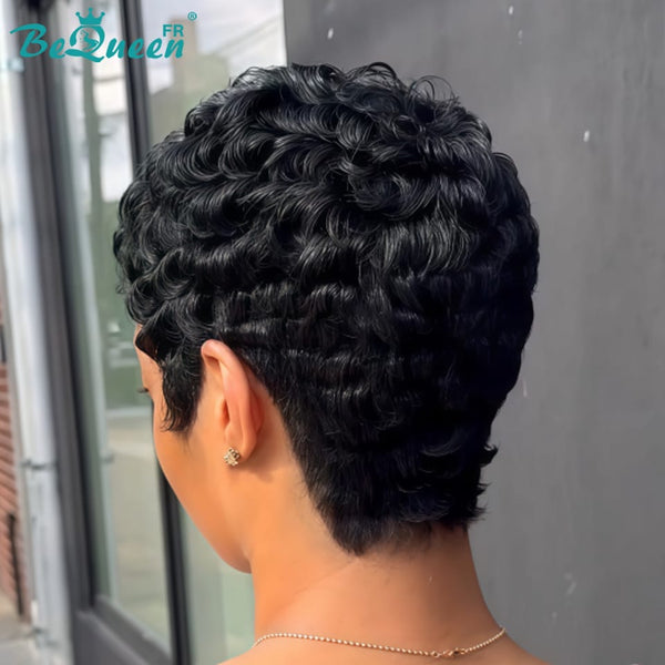 Bequeen "Chioma" Black Curly Pixie Wig, Machine-Made, Glueless, Ready to Wear