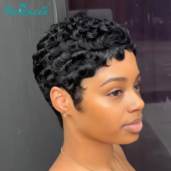 Bequeen "Chioma" Black Curly Pixie Wig, Machine-Made, Glueless, Ready to Wear