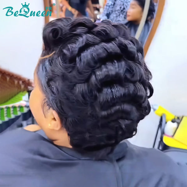 Bequeen Peruca “Chioma” Pixie preta encaracolada com lace frontal sem cola, pronta a usar, estilo 19