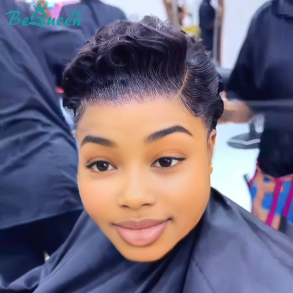 Bequeen Peruca “Chioma” Pixie preta encaracolada com lace frontal sem cola, pronta a usar, estilo 19