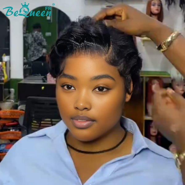 Bequeen Peruca “Chioma” Pixie preta encaracolada com lace frontal sem cola, pronta a usar, estilo 19