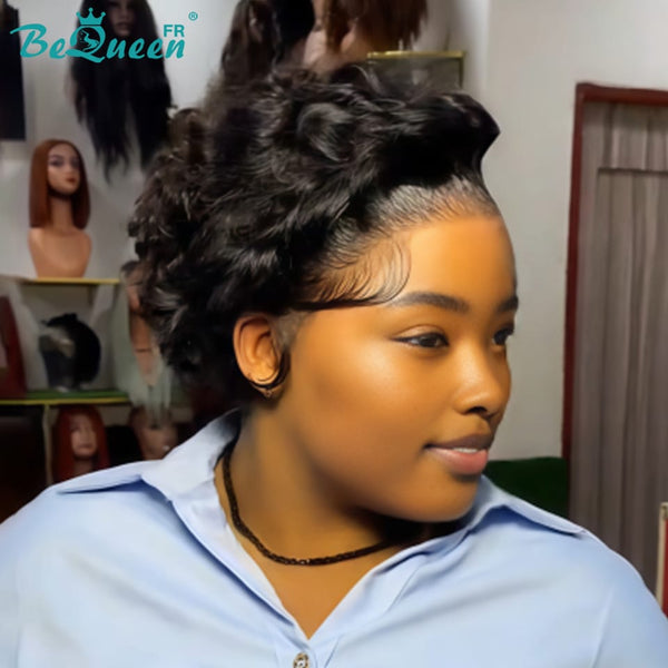 Bequeen Peruca “Chioma” Pixie preta encaracolada com lace frontal sem cola, pronta a usar, estilo 19