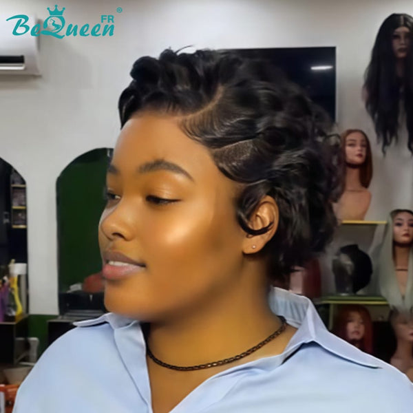 Bequeen Peruca “Chioma” Pixie preta encaracolada com lace frontal sem cola, pronta a usar, estilo 19