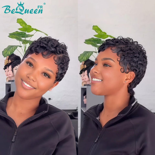Bequeen Peruca “Chioma” Pixie preto encaracolado sem cola, feita à máquina, pronto a vestir estilo 3