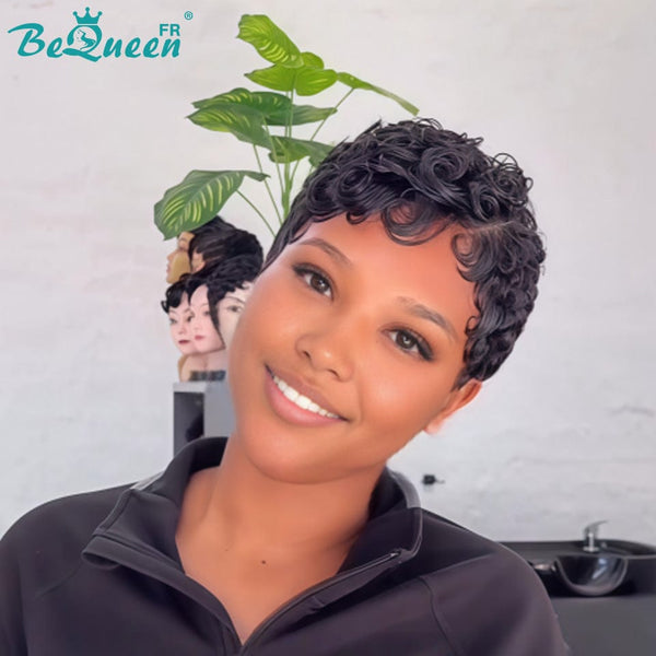 Bequeen Peruca “Chioma” Pixie preto encaracolado sem cola, feita à máquina, pronto a vestir estilo 3