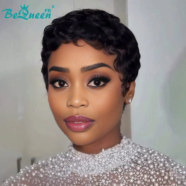 Bequeen Perruque “Chioma” Pixie noir curly sans colle Prêt à porter
