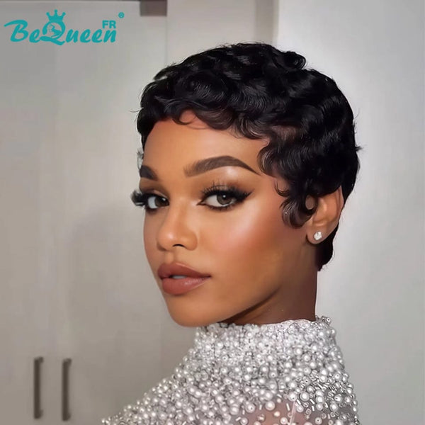 Bequeen Perruque “Chioma” Pixie noir curly sans colle Prêt à porter