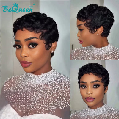 Bequeen Perruque “Chioma” Pixie noir curly sans colle Prêt à porter