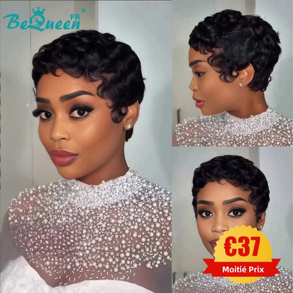 Bequeen Perücke „Chioma“ Pixie schwarz lockig klebstofffrei Tragebereit
