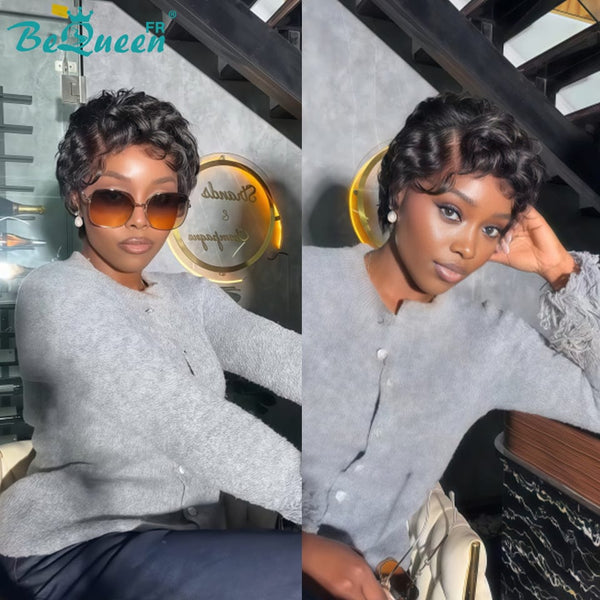 Bequeen Perruque “Chioma” Pixie noir curly sans colle Prêt à porter lace frontale Raie du côté