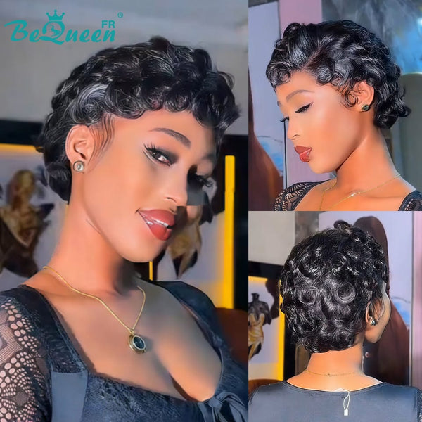 Bequeen Perruque “Chioma” Pixie noir curly sans colle Prêt à porter Raie du côté style 6