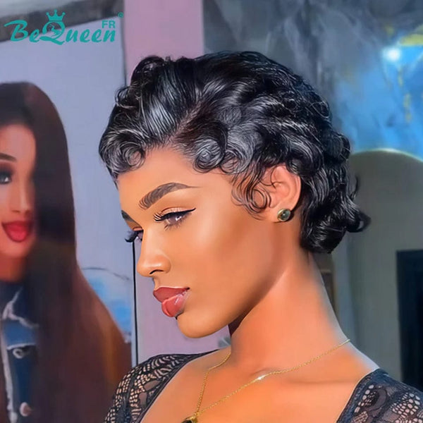 Bequeen Peruca “Chioma” Pixie preta ondulada sem cola Pronta para usar