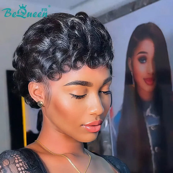 Bequeen Peruca “Chioma” Pixie preta ondulada sem cola Pronta para usar