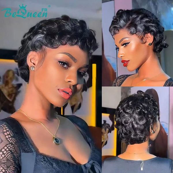Bequeen Peruca “Chioma” Pixie preta ondulada sem cola Pronta para usar