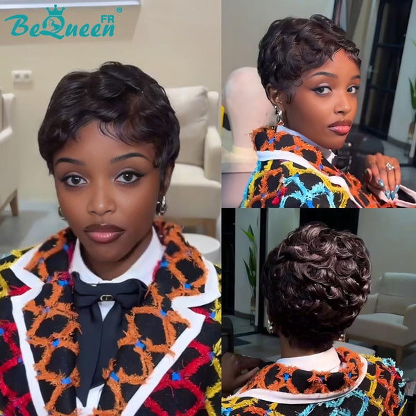 Bequeen Perücke „Chioma“ Pixie schwarz lockig klebstofffrei Tragebereit