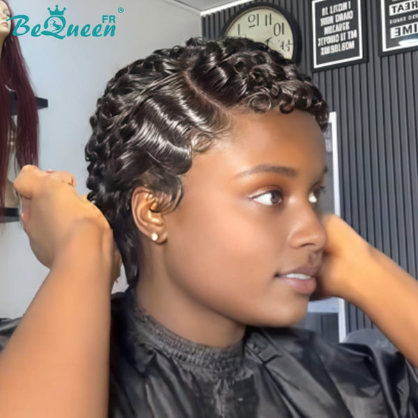 Bequeen Perruque “Chioma” Pixie noir Raie du côté curly sans colle avec lace frontale style 7