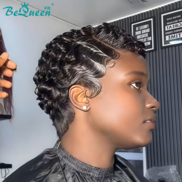 Bequeen Perruque “Chioma” Pixie noir Raie du côté curly sans colle avec lace frontale style 7