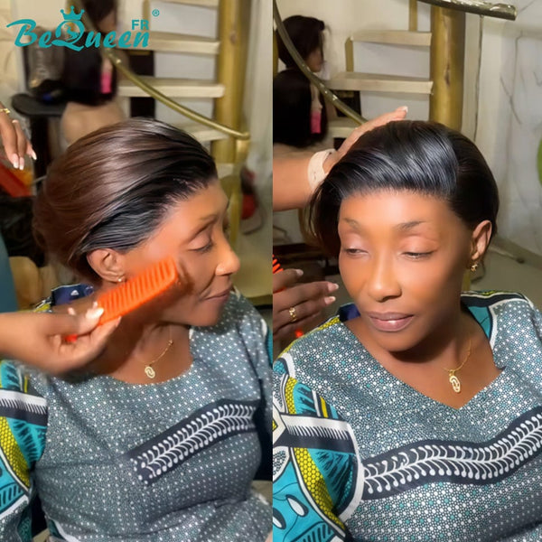 Bequeen Perruque "Chris" avec lace frontale 13x4 Prêt à porter 100% cheveux humains couleur Noir et Marron sans colle