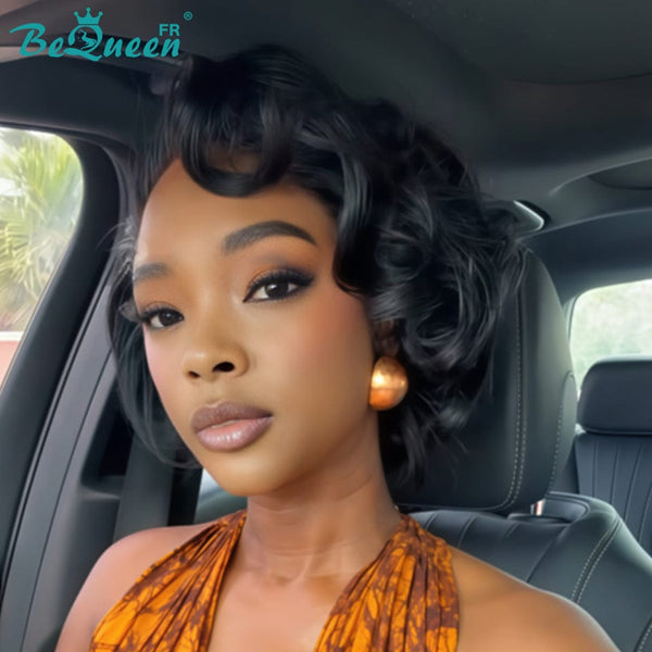 Bequeen Perruque "Chris" lisse avec lace frontale noir 100% cheveux humains sans colle