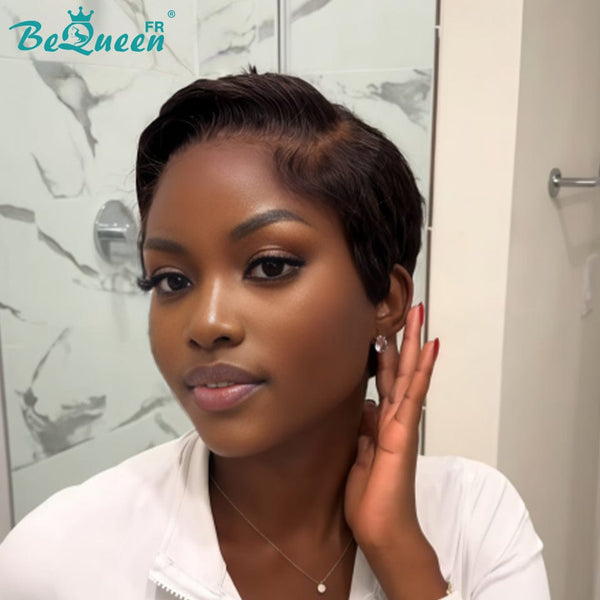 Bequeen Perruque "Chris" lisse avec lace frontale Noir 100% cheveux humains sans colle style 4