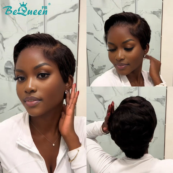 Bequeen Perruque "Chris" lisse avec lace frontale Noir 100% cheveux humains sans colle style 4