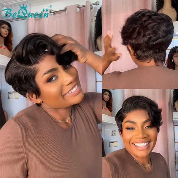 Bequeen Perruque "Chris" Noir 100% cheveux humains lace closure Avec Raie Du Côté