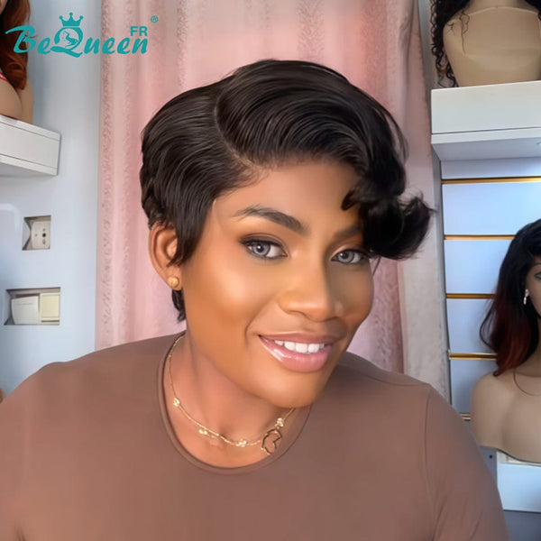 Bequeen Perruque "Chris" Noir 100% cheveux humains lace closure Avec Raie Du Côté