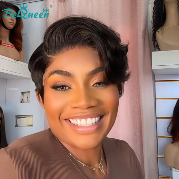 Bequeen Perruque "Chris" Noir 100% cheveux humains lace closure Avec Raie Du Côté