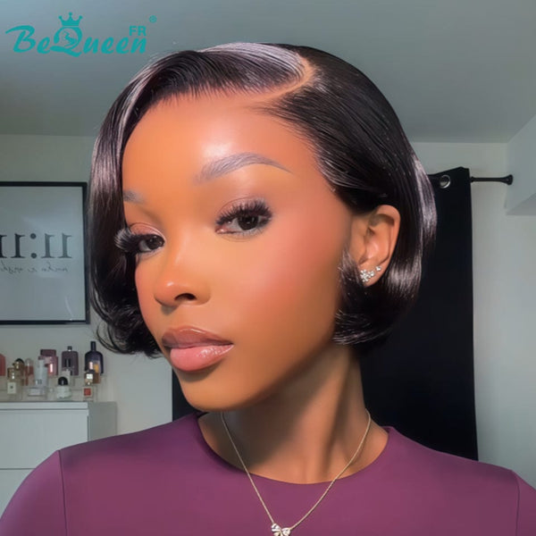 Bequeen Perruque "Chris" Noir lisse Prêt à porter 100% cheveux humains avec lace closure Sans colle style 5