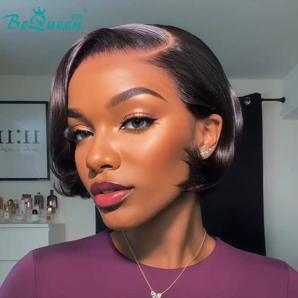Bequeen Perruque "Chris" Noir lisse Prêt à porter 100% cheveux humains com lace closure Sem cola estilo 5