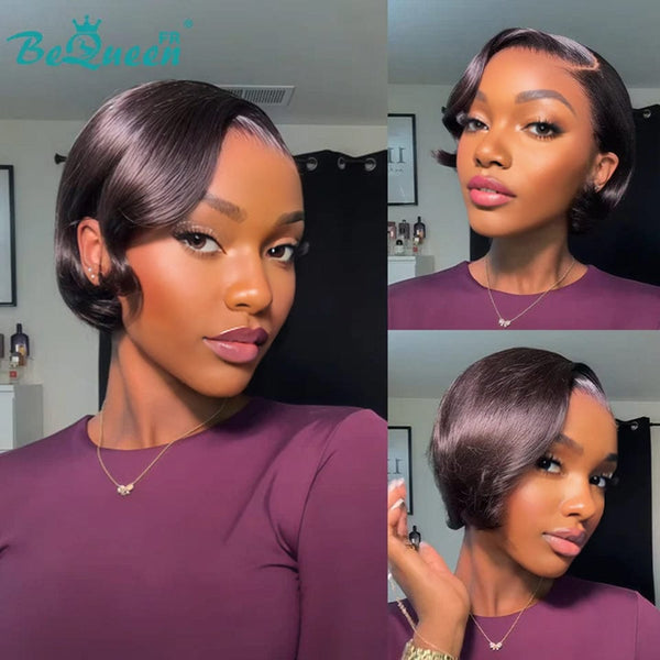 Bequeen Perruque "Chris" Noir lisse Prêt à porter 100% cheveux humains com lace closure Sem cola estilo 5