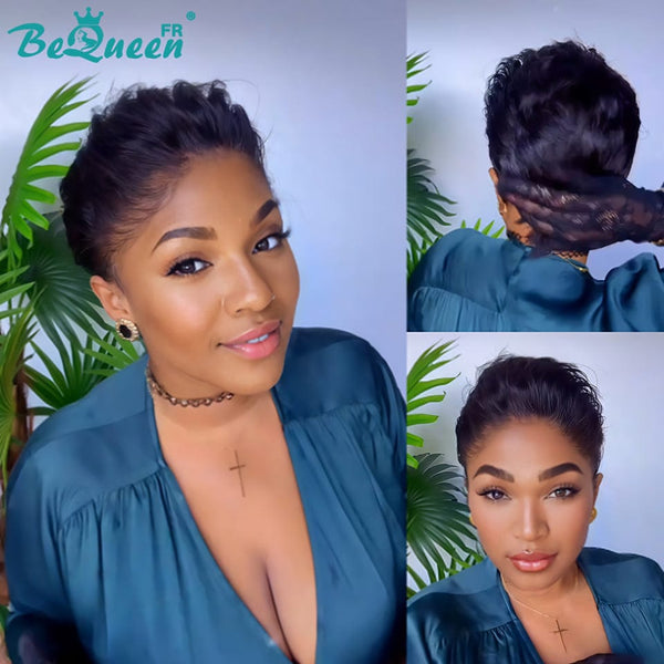 Bequeen Perruque "Chris" Noir lisse Prêt à porter 100% cheveux humains Sans colle style 14