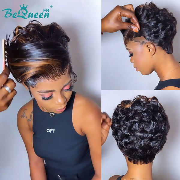 Bequeen Perruque "Chris" Noir mix Marron Light avec raie du côté Prêt à porter 100% cheveux humains