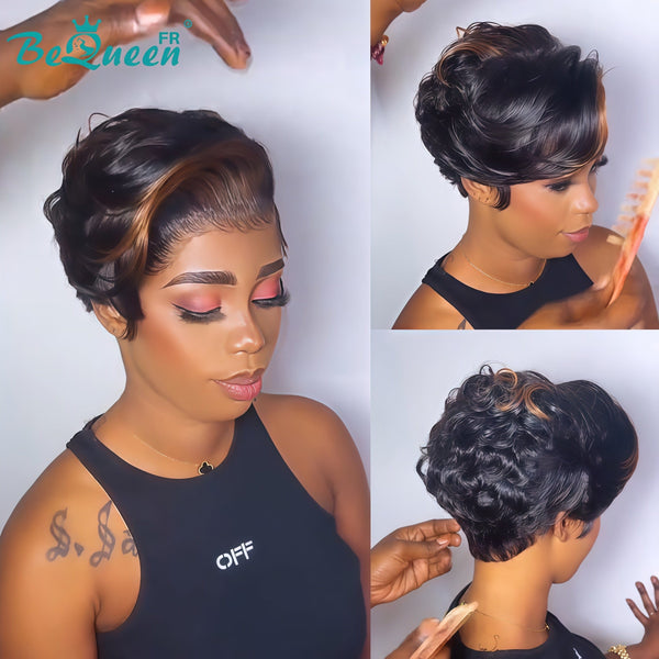 Bequeen Perruque "Chris" Noir mix Marron Light avec raie du côté Prêt à porter 100% cheveux humains