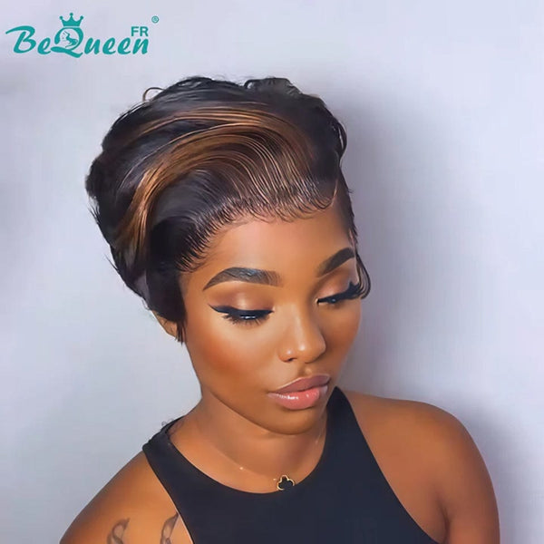 Bequeen Perruque "Chris" Noir mistura Castanho Claro com risca ao lado Pronta a vestir 100% cabelo humano