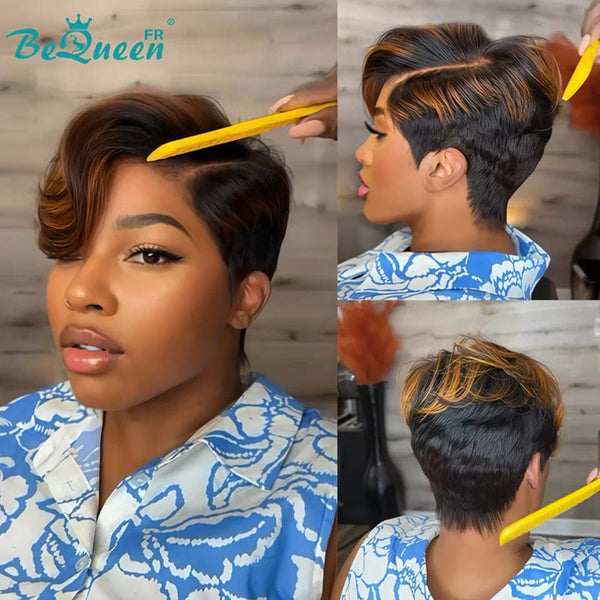 Bequeen Perruque "Chris" Noir mistura Castanho Claro liso Pronto a vestir 100% cabelo humano