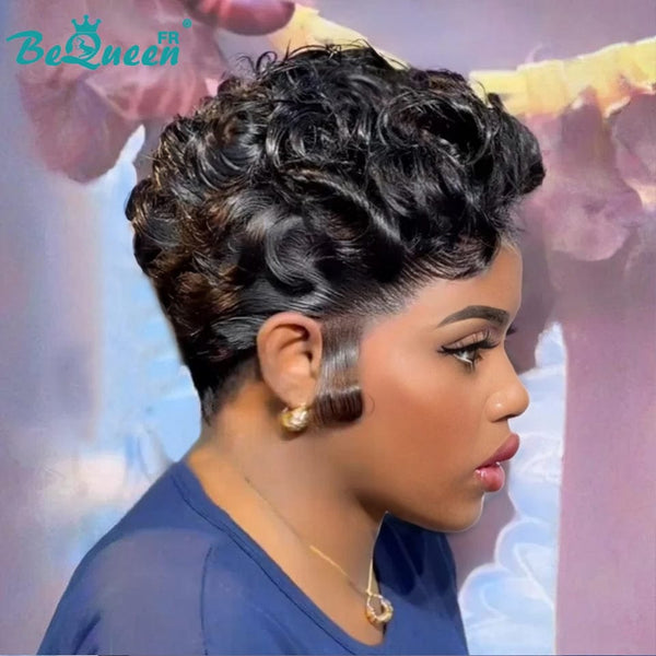 Bequeen Perruque "Chris" Noir Prêt à porter 100% cheveux humains frontale lace Avec Raie Du Côté
