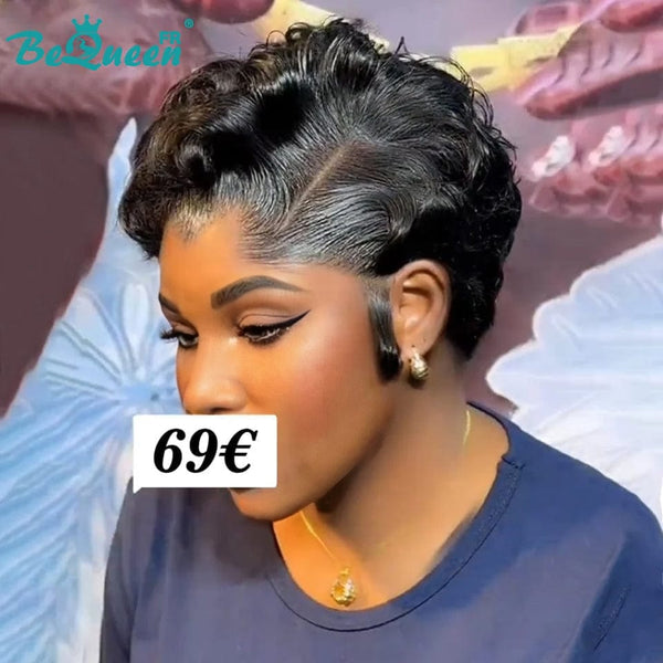Bequeen Perruque "Chris" Noir Prêt à porter 100% cheveux humains frontale lace Avec Raie Du Côté