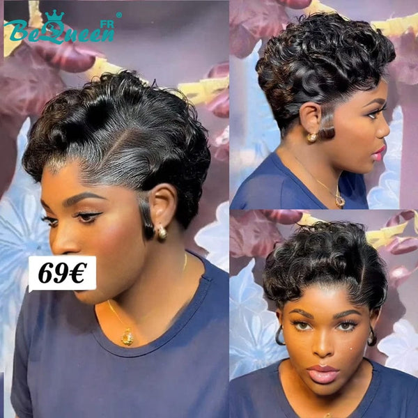 Bequeen Perruque "Chris" Noir Prêt à porter 100% cheveux humains frontale lace Avec Raie Du Côté