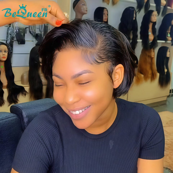 Bequeen Perruque "Chris" Noir Prêt à porter 100% cheveux humains frontale lace Avec Raie Du Côté style 4