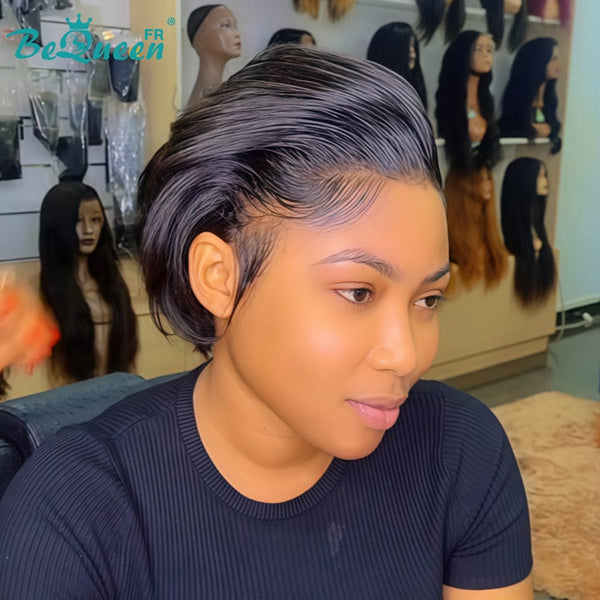 Bequeen Perruque "Chris" Noir Prêt à porter 100% cheveux humains frontale lace Avec Raie Du Côté style 4