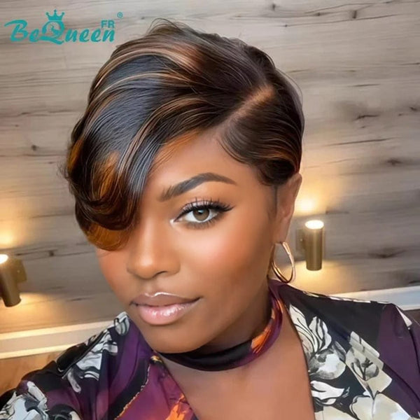 Bequeen Perruque "Chris" Noir mistura Castanho Claro com risca ao lado Pronta a vestir 100% cabelo humano