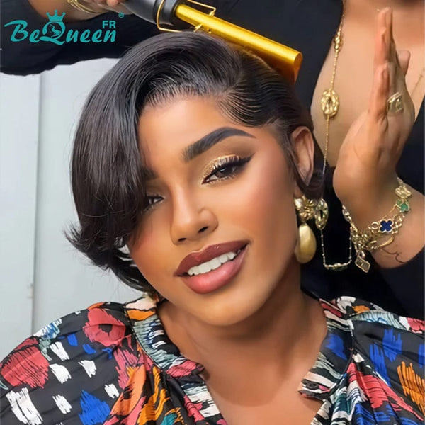 Bequeen Perruque "Chris" Noir mistura Castanho Claro com risca ao lado Pronta a vestir 100% cabelo humano