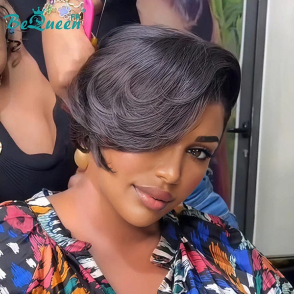 Bequeen Perruque "Chris" Noir mistura Castanho Claro com risca ao lado Pronta a vestir 100% cabelo humano