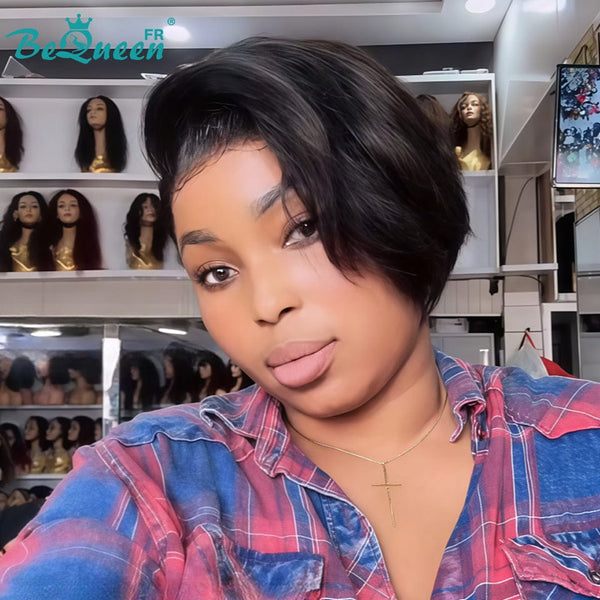 Bequeen Perruque "Chris" Noir Prêt à porter 100% cheveux humains sans colle style 9