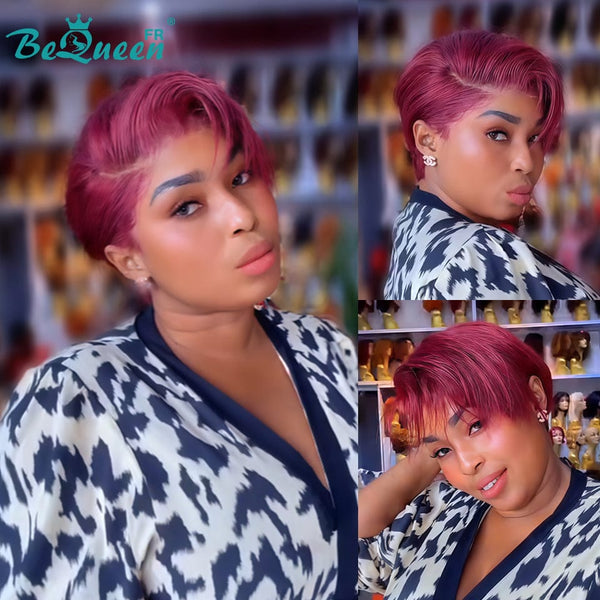 Bequeen Perruque "Chris" Rouge bordeaux Prêt à porter 100% cheveux humains sans colle style 12